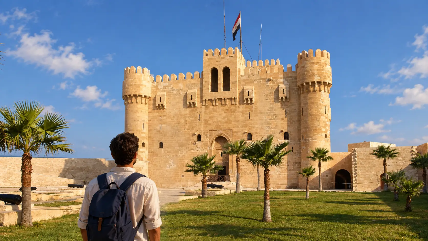 Solo traveler with a backpack looking up at Qaitbay Citadel in Alexandria on a sunny day, on a day trip from Cairo to Alexandria